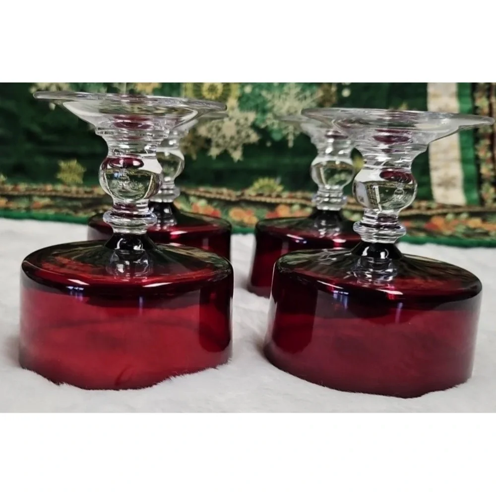 Vintage‎ Red Ruby Champagne Clear Ball Stem Glass Pair 